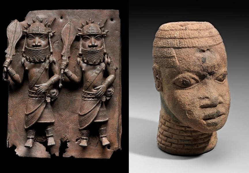 Benin brass relief plaque showing two officials with raised swords