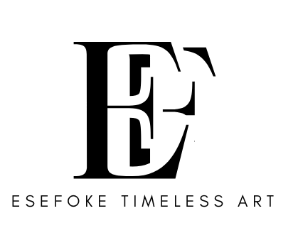 Minimalist black-and-white Esefoke Timeless Art logo with overlapping “E” and “F” monogram in serif style.