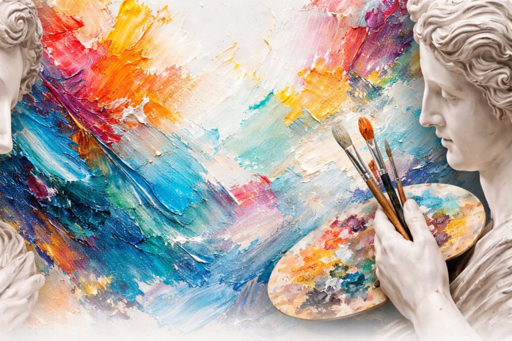 Abstract colorful painting with sculptural artist holding palette and brushes.
