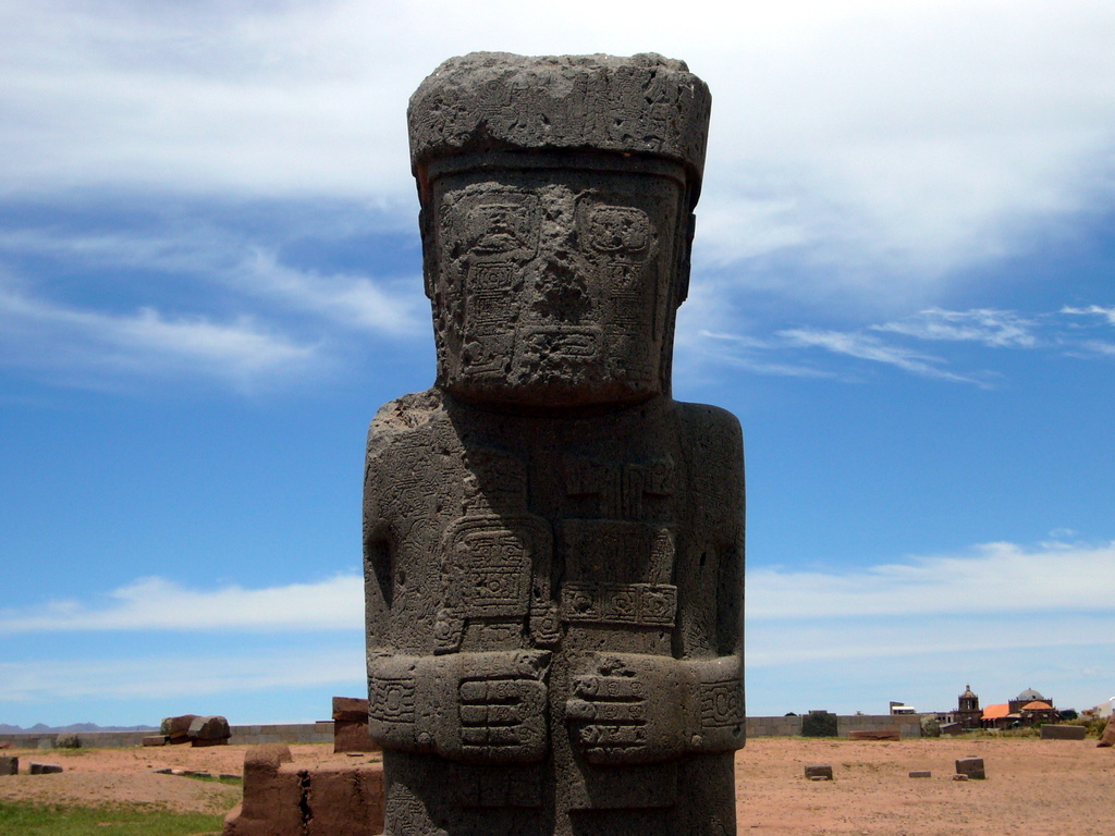 Detailed carvings on the Ponce Monolith at Tiwanaku.